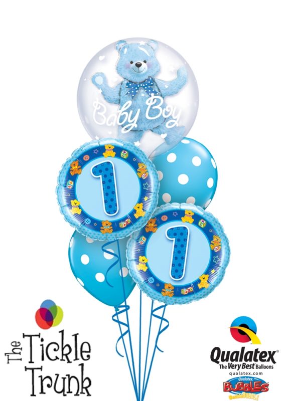 1ST Birthday Boy Blue Teddy Insider Bubble Balloon Bouquet FB-03